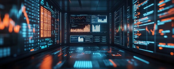 Futuristic Data Center with Digital Screen Displays