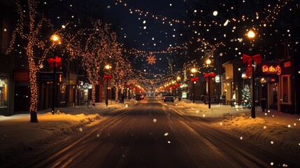 Snowy Christmas Street Scene with Lights and Decorations