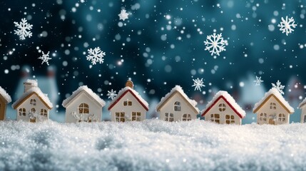 Fototapeta premium Snowy Village Houses with Falling Snowflakes Winter Scene