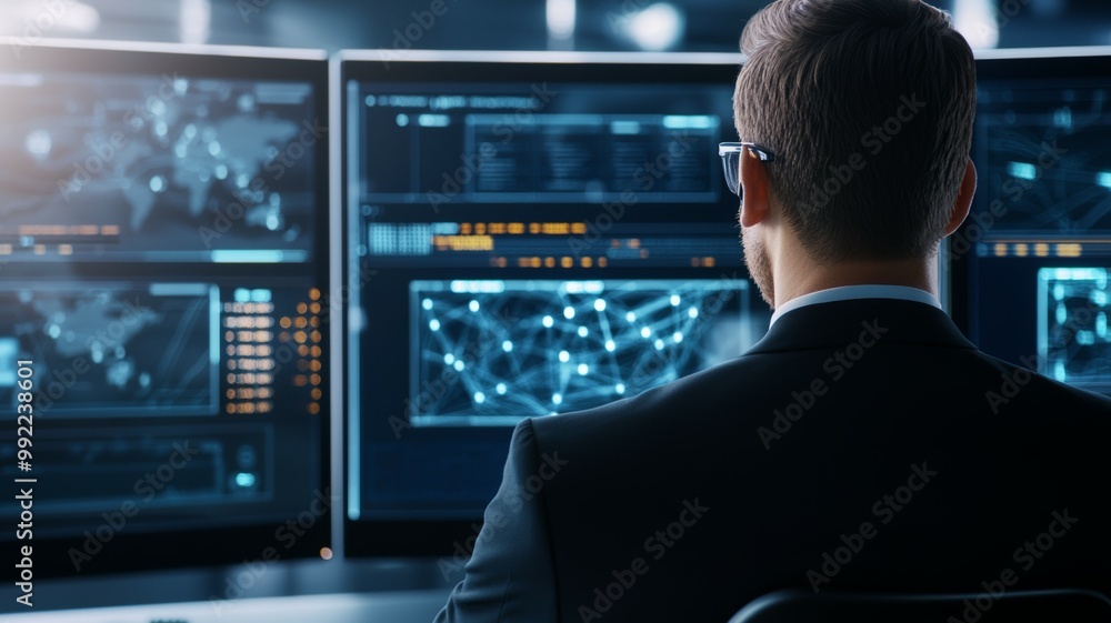 Poster a man in a suit is sitting in front of three computer monitors