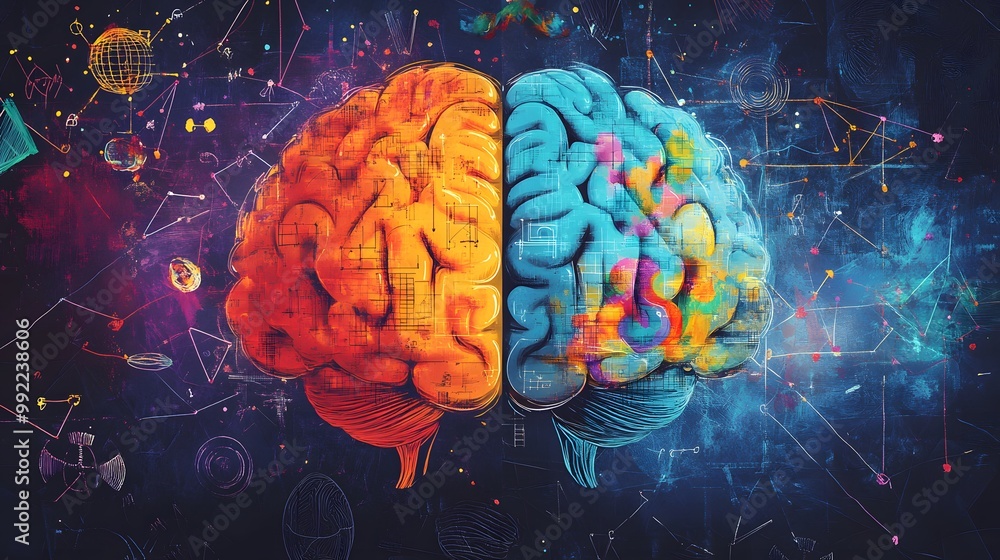 Poster abstract brain illustration with colorful patterns and geometric shapes