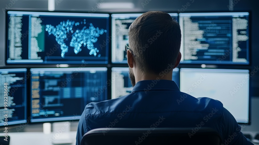 Poster a man is sitting in front of a computer monitor with four screens