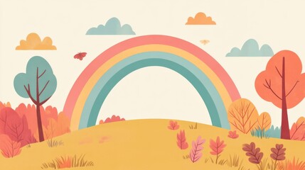 Serene Autumn Landscape with Rainbow: A tranquil scene featuring a picturesque landscape adorned with vibrant autumn foliage and a brilliant rainbow arching across the sky.
