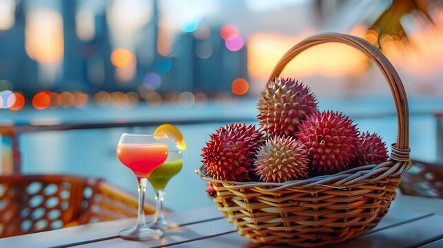 Mamoncillo fruits placed woven basket stylish rooftop terrace brightcolored cocktails the sunset city skyline softly blurred behind promoting a vibrant urban vibe Scientific name Melicoccus bijugatus