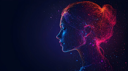 Abstract Woman Silhouette Made of Connected Lines and Dots with  Neon Colors Glowing with Light