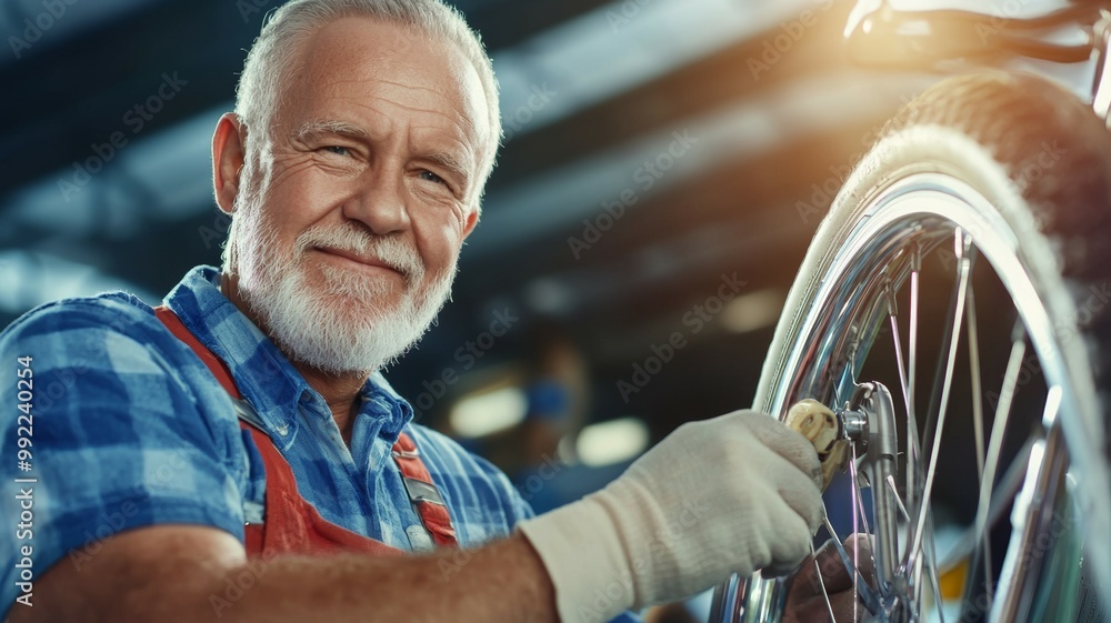 Poster A man is smiling while working on a bicycle tire