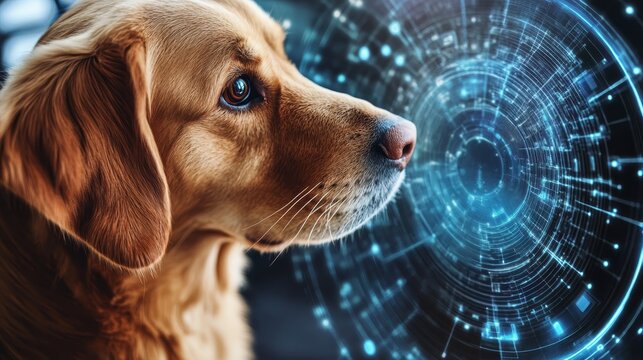 Dog Looking at Futuristic Tech Interface