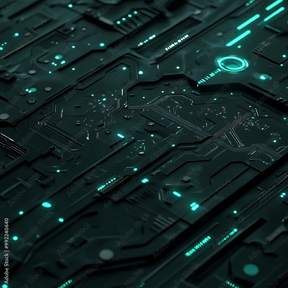 Poster abstract futuristic tech background with glowing green lines and circuitry