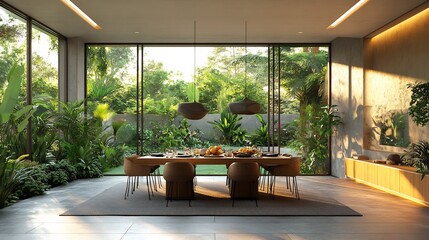 Fototapeta premium Mangosteen avocado salad served minimalist dining room with large windows offering a view of a lush garden symbolizing the harmony between a healthy diet and nature Scientific name Garcinia mangostana