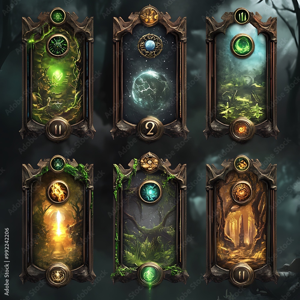 Poster fantasy game ui card set with nature themes