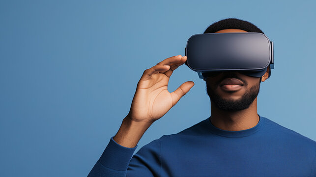 Immersive virtual reality experience with man wearing VR headset, showcasing technology and innovation. scene captures excitement and engagement in modern setting.