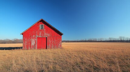 Obraz premium Rustic Red Barn in Golden Field Under Blue Sky