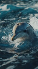 Splashes erupt as dolphin dives through the shimmering blue water image