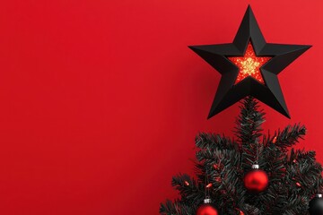 3d render black x-mas star topper glowing on red-lit tree