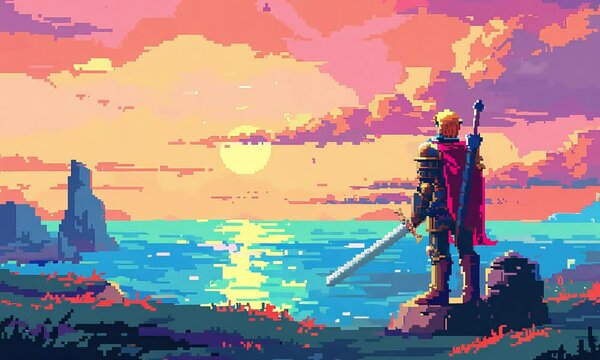 A pixelated knight stands on a rocky cliff overlooking a vast ocean.
