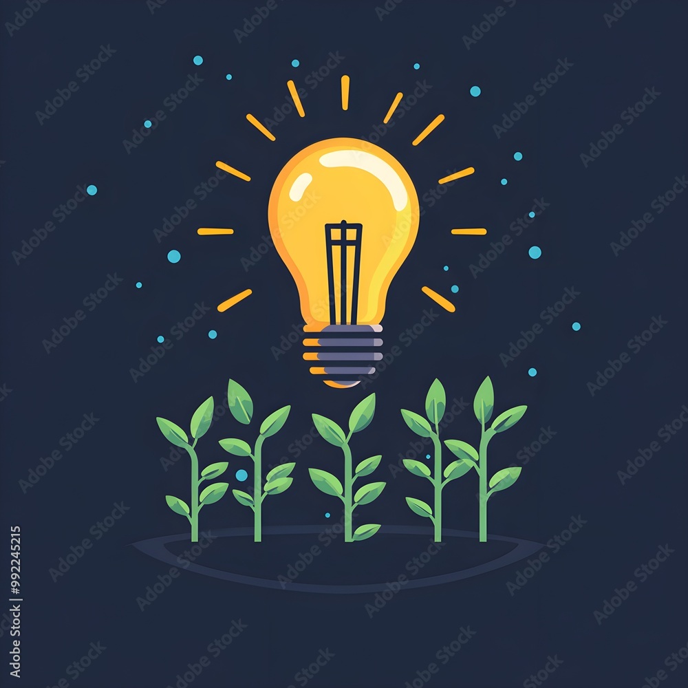 Poster flat design of a glowing light bulb with seedlings below, growing in perfect alignment towards the l