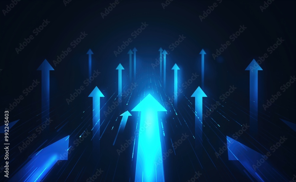 Aufkleber Blue background with many arrows pointing in different directions. The arrows are all pointing upwards, creating a sense of growth and progress