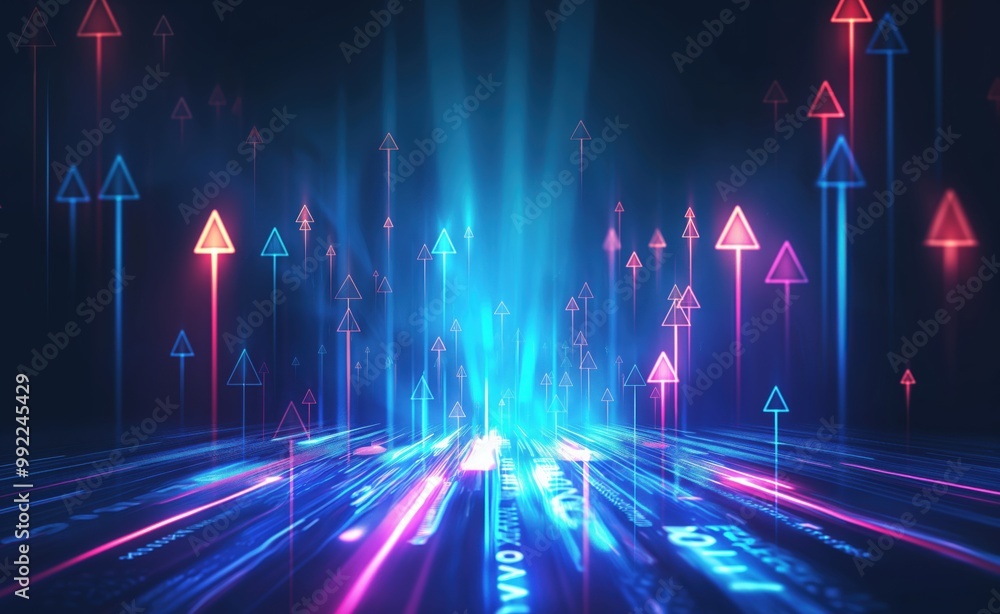 Aufkleber Blue background with many arrows pointing in different directions. The arrows are in different colors and sizes
