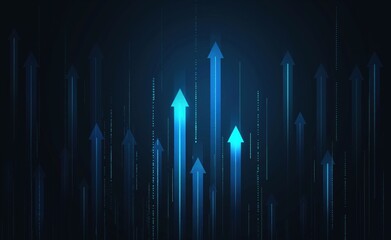 Blue background with many arrows pointing upwards. The arrows are in different sizes and are scattered throughout the image. Scene is one of growth and progress