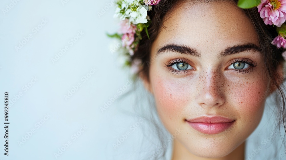 Poster A woman with a flowery headband and a smile on her face