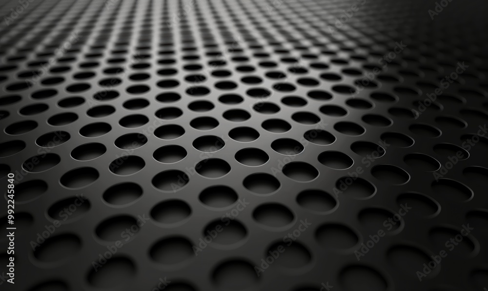 Poster close up of a black metal surface with many small circles. the circles are of varying sizes and are 