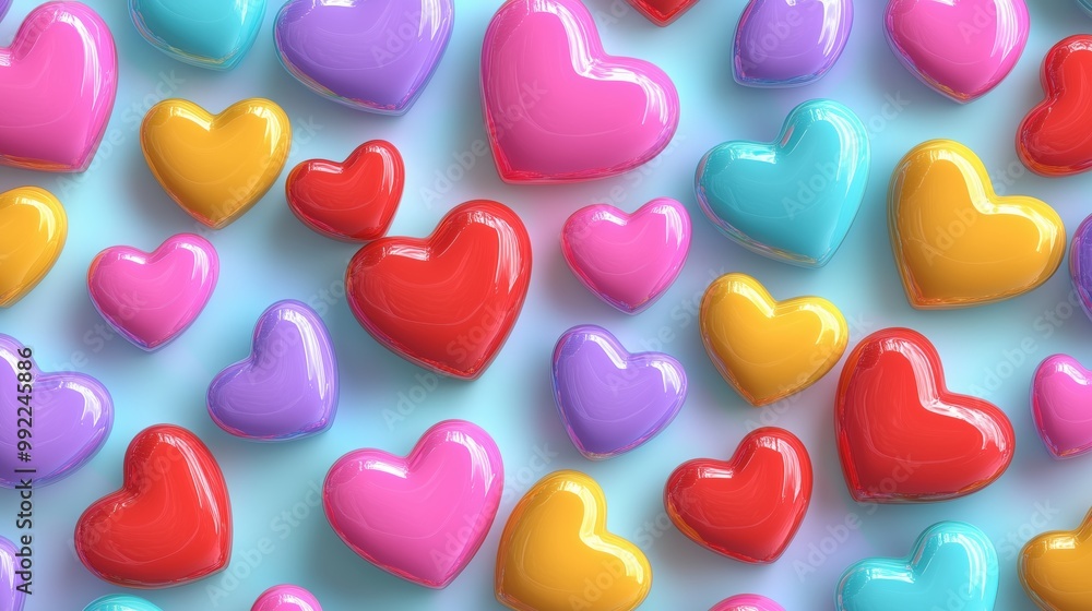 Poster colorful array of hearts in various colors and sizes. the hearts are arranged in a pattern, with som