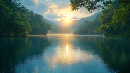 Tranquil Sunrise Over Serene Mountain Lake