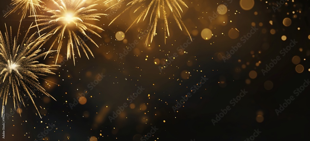 Poster firework display with a dark background. the fireworks are lit up in gold and the background is blur