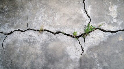 Crack in the pavement with a plant growing out of it. The crack is deep and wide, and the plant is small and green. Concept of decay and neglect