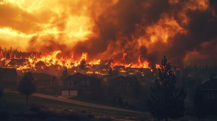 Fire is burning in a residential area, with houses and trees in the background. The sky is orange and the fire is very large