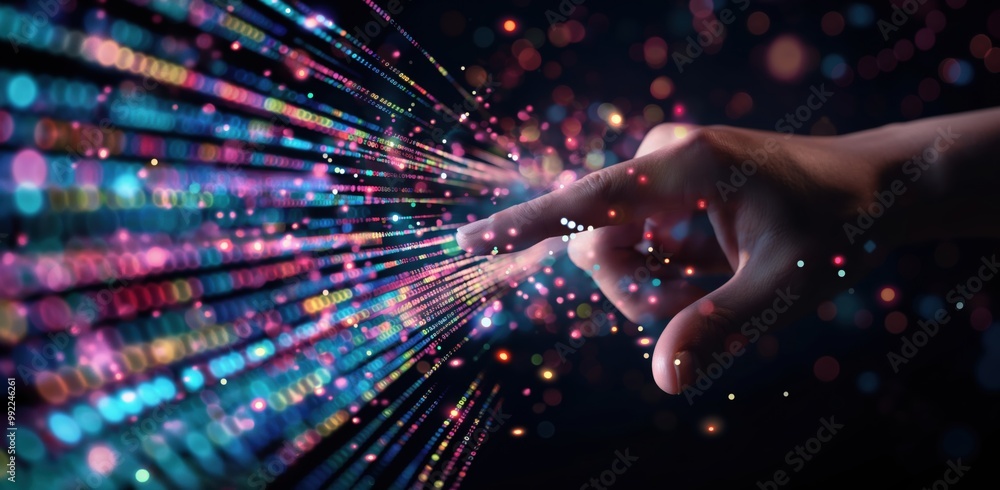 Poster hand is pointing at a colorful, swirling pattern of dots. concept of motion and energy, as if the do