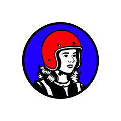 a woman in a helmet is shown in a circle cartoon design