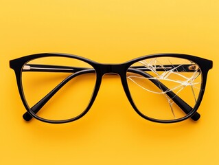 Broken black glasses resting on a bright yellow surface with shattered lens details