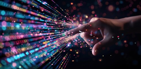 Hand is pointing at a colorful, swirling pattern of dots. Concept of motion and energy, as if the dots are dancing or moving in a dynamic way