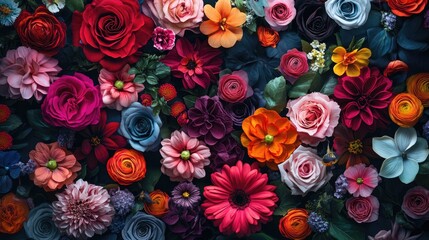 Beautiful vibrant flowers intricately arranged on a dark background, filling the space with rich, colorful details and striking elegance