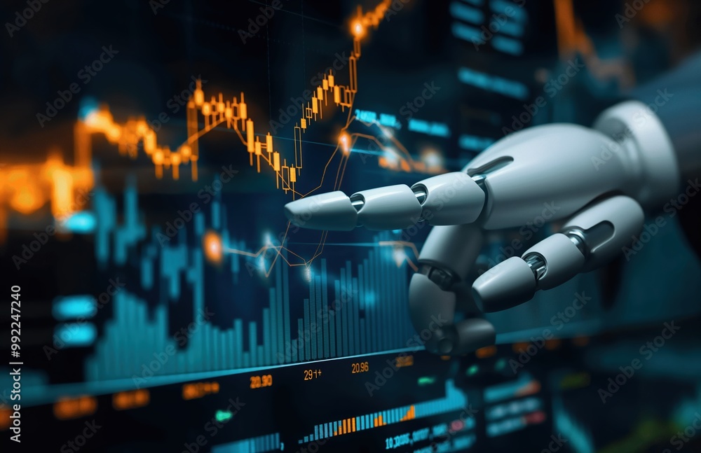 Aufkleber robot is pointing at a graph with a red line. the robot is in a futuristic setting