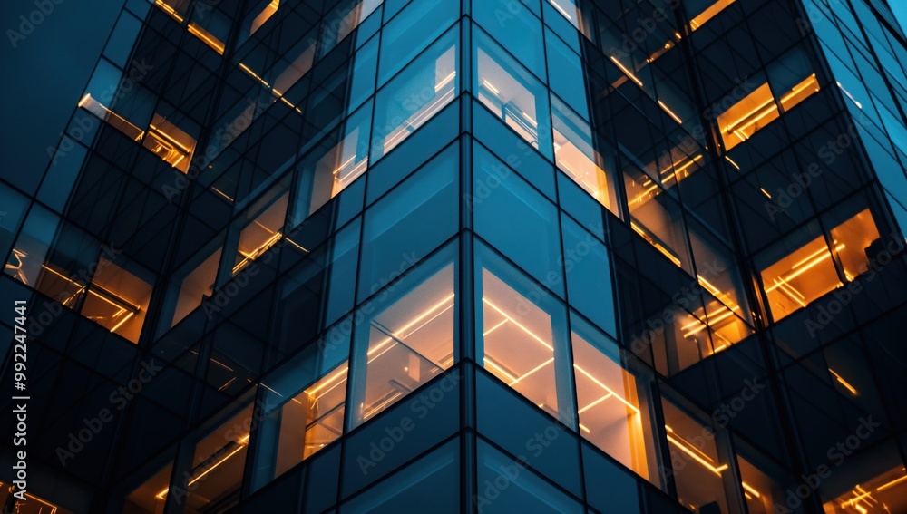 Poster tall building with many windows and a lot of light shining through them. the building is lit up and 