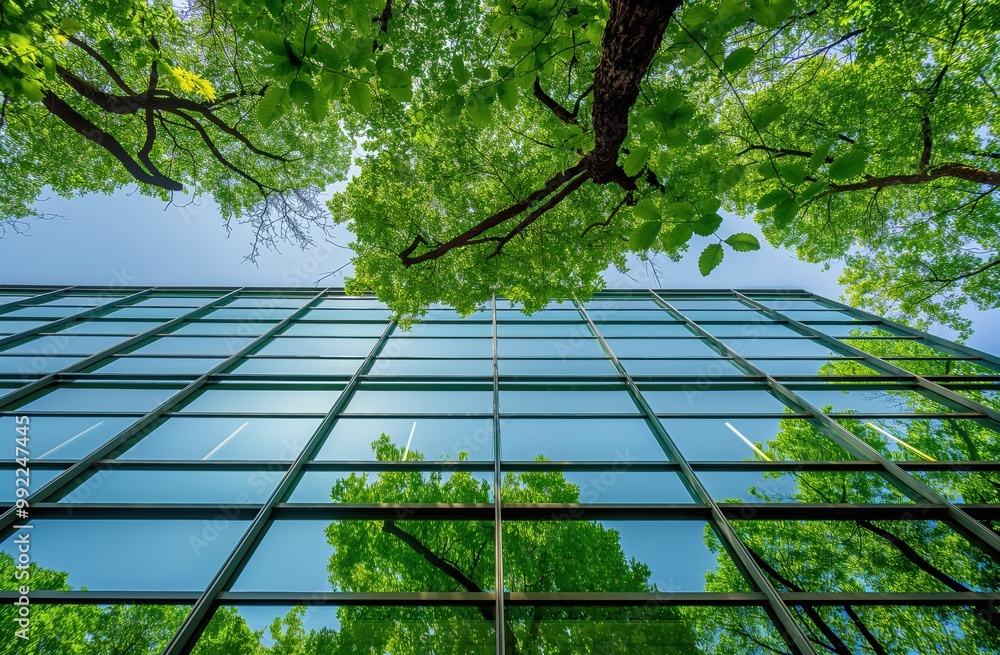 Poster tall building with a lot of windows and trees in the background. the trees are reflected in the wind