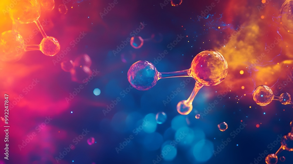 Poster abstract molecular structure with colorful glow and blurred background