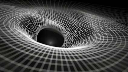 Black and white image of a black hole with a white background. The image is abstract and has a sense of depth and mystery