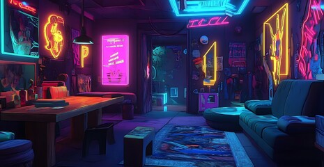 Neon Lights Gamer Room Interior Design with Modern Furniture and Colorful Lighting