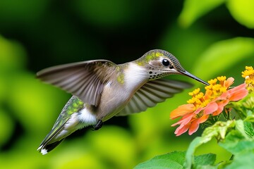 Fototapeta premium A close-up of a hummingbird in mid-flight, hovering near a flower as it drinks nectar, its wings moving in a blur