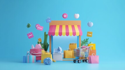 Fototapeta premium Colorful 3D Render of a Storefront with Shopping Bags and a Cart