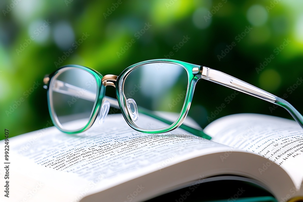 Poster A close-up of a pair of reading glasses resting on an open book, with soft natural light filtering through a nearby window