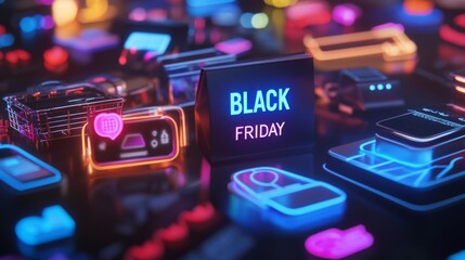 Neon Black Friday Sale Sign with Shopping Cart and Other Items