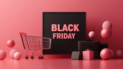 Black Friday Sale with Shopping Cart and Gifts on Pink Background