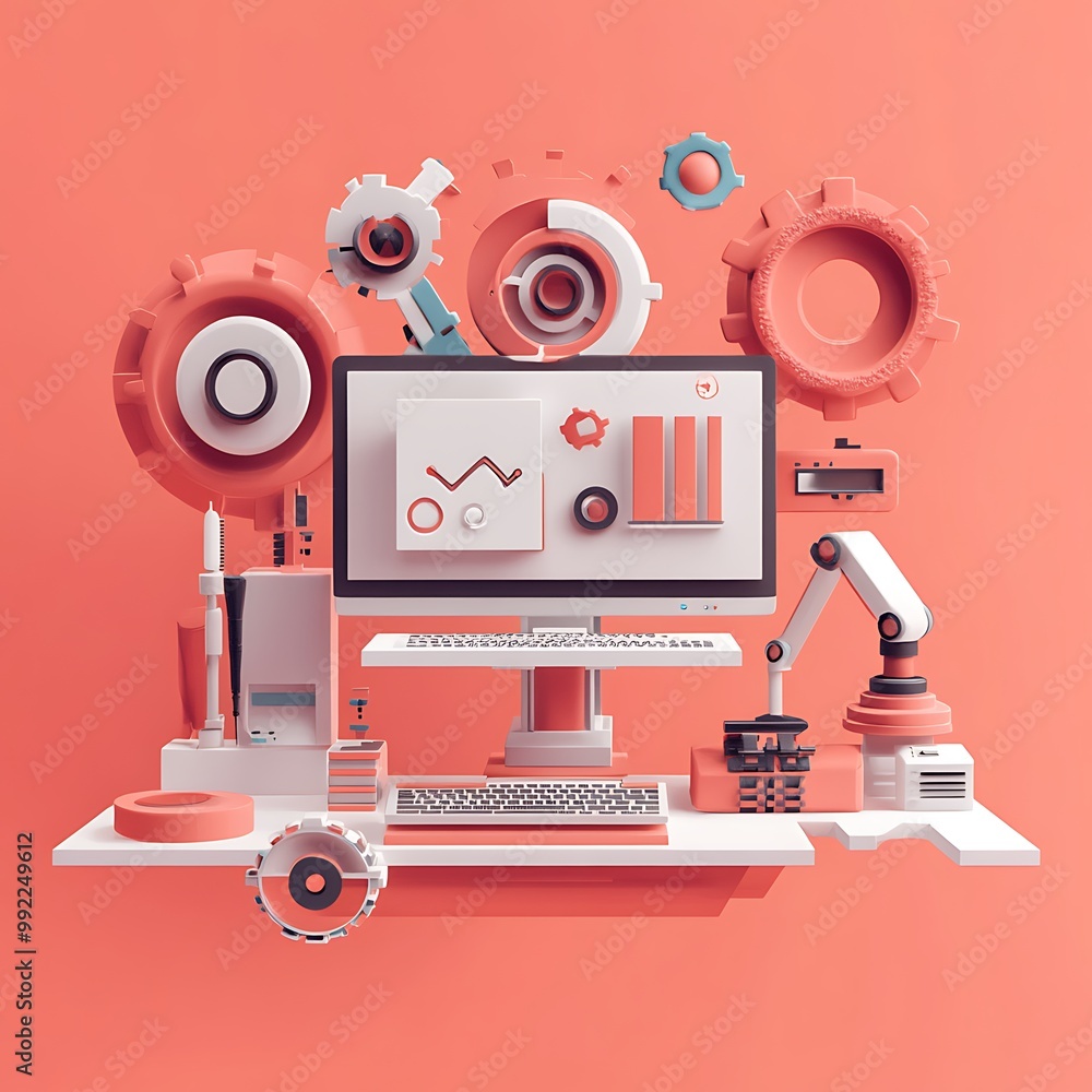 Poster 3d illustration of a desktop computer with gears and robotic arm, representing technology, automatio