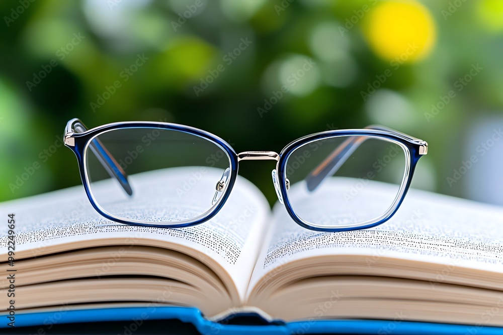 Poster A close-up of a pair of reading glasses resting on an open book, with soft natural light filtering through a nearby window