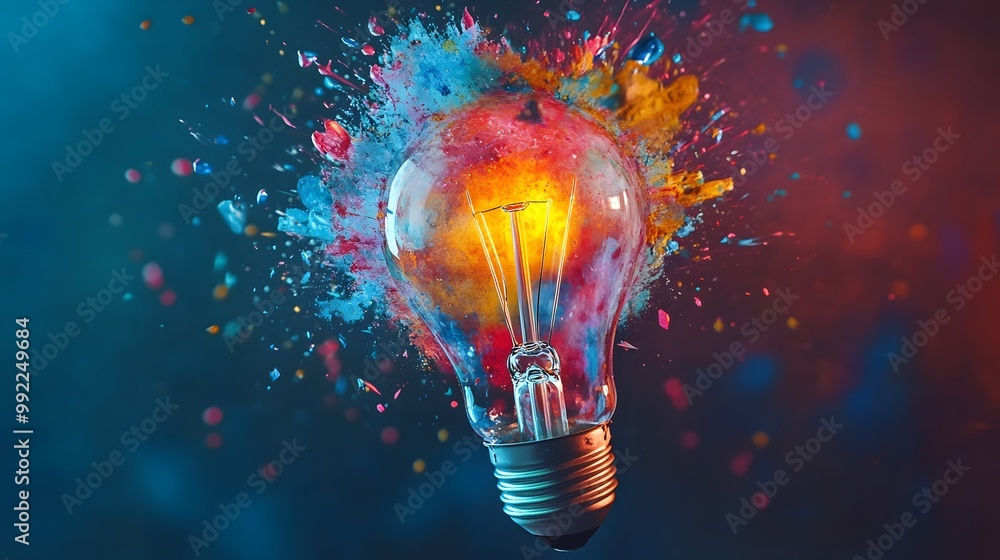 Poster a light bulb exploding with colorful paint splatter