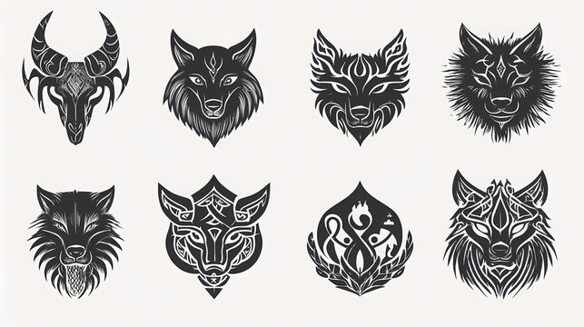 Full editable collection of norse symbols as goddess, witch, skadi, hel, freya and more. Fenrir. Illustration